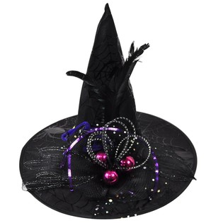 SOMBRERO DE BRUJA DE LUJO CON FLECOS Y PLUMAS (6 uds)