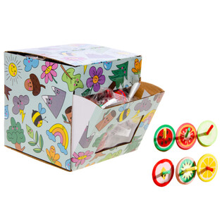 TROMPOS DE MADERA CON ESTAMPADO DE FRUTAS - EN EXPOSITOR (42 uds)